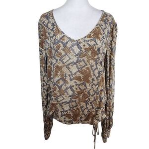 Lucky Brand Gray and Brown Snakeskin Print Top with Drawstring Hem Size Medium